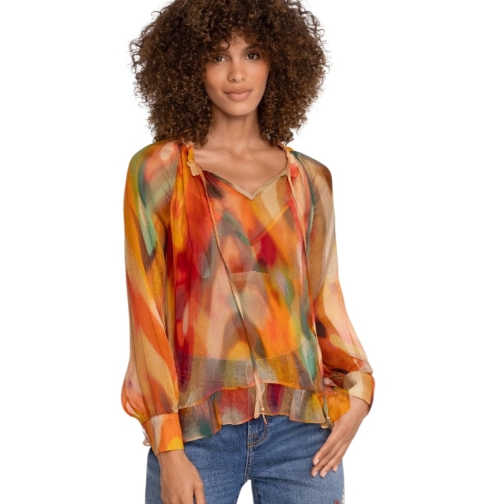 NWT Johnny Was Radika Multicolor Sheer Vibrant Abstract Silk Blouse Large
